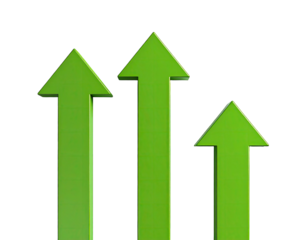 Three bright green upward-pointing arrows of varying sizes against a black background