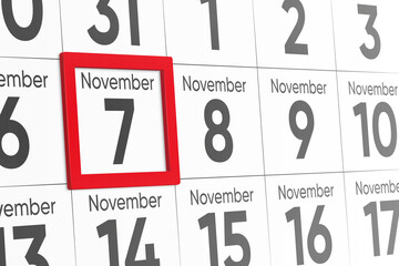 Date 7 November with red frame realistic calendar day design. Red frame shows the date November 7 3d illustration