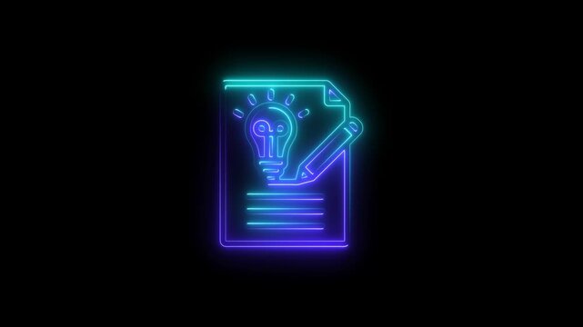 Neon glowing dictionary add book inside pen, light bulb icon. concept animation on black background