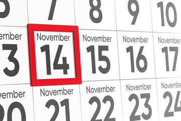 Date 14 November with red frame realistic calendar day design. Red frame shows the date November 14 3d illustration