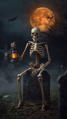 Sinister Skeleton on Tombstone with Lantern (Halloween related)