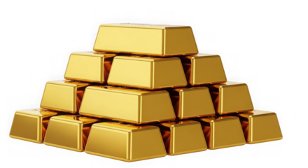 A pyramid stack of shiny gold bars, isolated on transparent background