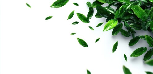 Lush greenery spilling across white, delicate leaves scattered, fresh, vibrant, and clean, suggesting natural beauty and organic freshness