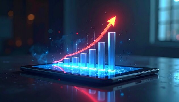 A glowing digital bar chart with six rising bars and a red upward arrow—displayed on a tablet against a dark backdrop. A metaphor for ambition and the choreography of ascent through illuminated precis - Powered by Adobe