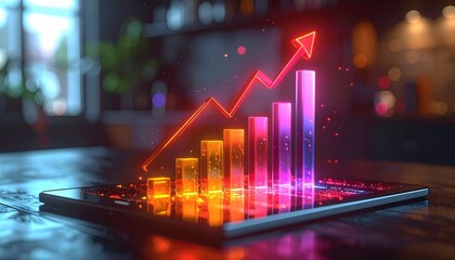 A glowing digital bar chart with six rising bars and a red upward arrow—displayed on a tablet against a dark backdrop. A metaphor for ambition and the choreography of ascent through illuminated precis