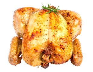 Roasted whole chicken, golden brown, seasoned