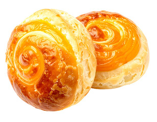 Two golden, spiral-shaped pastries with orange filling