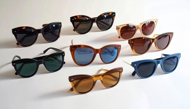 Fourteen pairs of sunglasses in varied styles and colors—arranged in a semi-circle on white background. A metaphor for perspective and the choreography of identity through curated vision and playful s