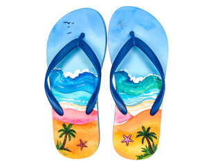 Pair of colorful flip-flops featuring a beach scene
