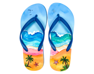 Pair of colorful flip-flops featuring a beach scene