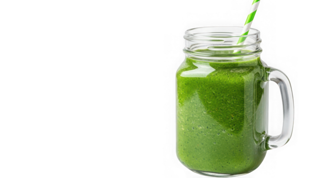 A vibrant green smoothie in a mason jar with a straw, isolated on transparent background