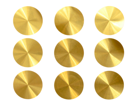 Nine golden circular discs with radiating lines