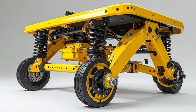 A yellow mechanical suspension and drivetrain assembly with four tires—mounted on a flat surface. A metaphor for engineered resilience and the choreography of motion through modular tension and precis