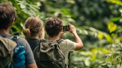 Adventurous family capturing memories with smartphone during lush forest trek