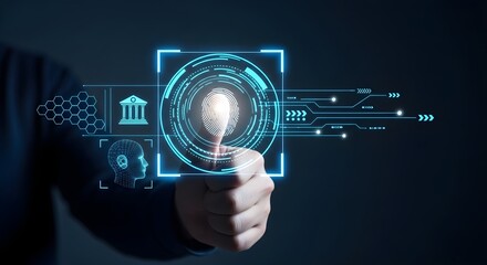 A hand interacts with a futuristic interface displaying fingerprint scanning, bank icon, and head profile, all surrounded by glowing blue lines and circuit board patterns.
