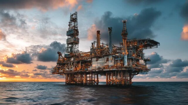 An oil rig is illuminated by the sunset, casting a warm glow over the sea. The structure highlights human engineering amid a stunning natural backdrop of clouds and water