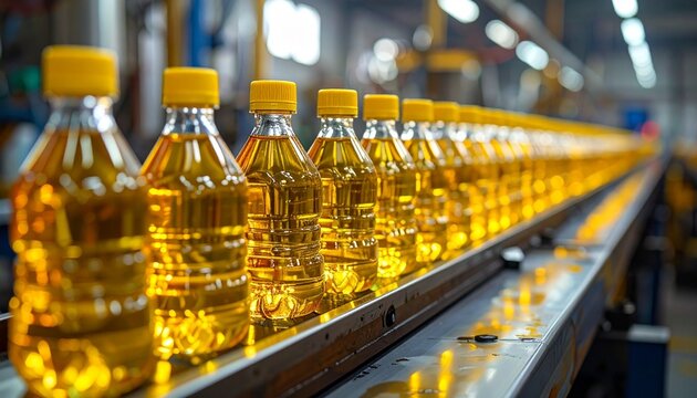 A production line of identical plastic bottles filled with golden liquid&mdash;moving in single file on a conveyor under warm light. A metaphor for efficiency and the choreography of nourishment through ind