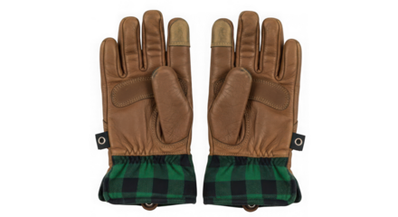Pair of brown leather gloves with green and black plaid cuffs, isolated on transparent background