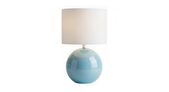 Modern light blue spherical table lamp with a white cylindrical lampshade, isolated on transparent background