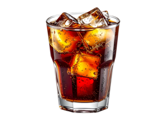 A glass of cola with ice cubes