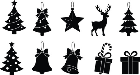 Christmas icon silhouette, festive tree vector, holiday bell graphic, reindeer ornament, gift box illustration, seasonal decor design, winter celebration symbol