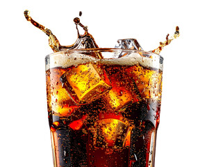A glass of soda with ice and splashing