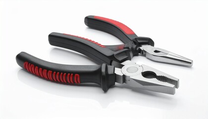 Two pliers&mdash;one needle-nose, one combination&mdash;rest on reflective white, black handles tipped in red. A metaphor for precision and the choreography of grip through duality and mechanical poise.