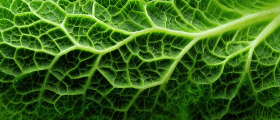 Obraz premium Close - up shot of a vibrant green leaf, showing intricate vein patterns and textured surface, highlighting its natural botanical structure.