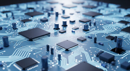 Cyber Circuit Symphony: A captivating macro shot reveals an intricate symphony of microchips, circuits, and electronic components, illustrating the core of modern technology.