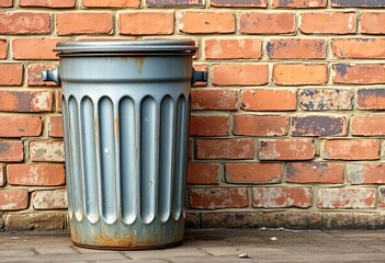 A weathered metal trash can sits against a brick wall, ample copy space,  rubbish,  urban