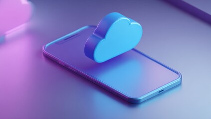 3D isometric mobile phone with a blue cloud icon floating on it, a gradient background