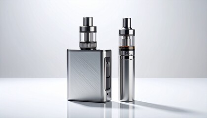 A vape mod—metallic body, digital screen, tank and mouthpiece beside—rests on glossy white. A metaphor for engineered desire and the choreography of breath through sleek containment.