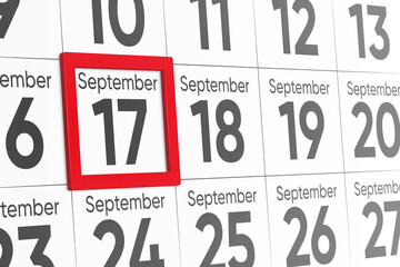 Date 17 September with red frame realistic calendar day design. Red frame shows the date September 17 3d illustration