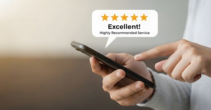Person using a smartphone with a speech bubble showing a five-star rating and the text "Excellent! Highly Recommended Service.".