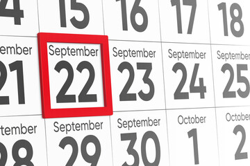 Date 22 September with red frame realistic calendar day design. Red frame shows the date September 22 3d illustration