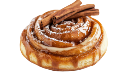 Cinnamon Roll with Icing and Cinnamon Sticks isolated on a transparent background
