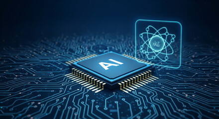 AI chip and Circuit board: An artistic depiction of artificial intelligence within a computer chip, accompanied by an atom-like AI hologram on a circuit board, illustrating digital innovation. 