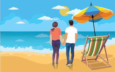 couple of tourist or students with backpack on the beach in Summer holiday vacation concept. Colorful and flat illustration. Vector