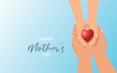  Happy Mother's Day or International Day of Families.Happy women's day.Heart in the hands of daughter and mother on a blue background.I love you.Banner for store.Greeting card. Banner. vector, 
