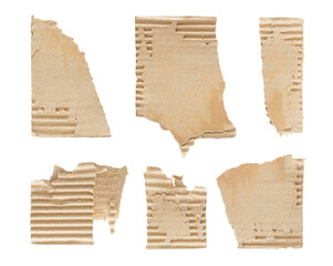 Set collection or collage of ripped torn brown corrugated cardboard isolated on transparent background