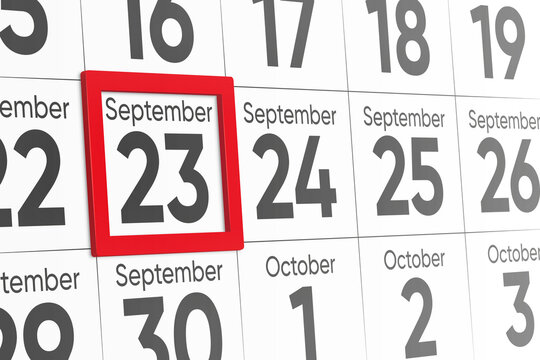 Date 23 September with red frame realistic calendar day design. Red frame shows the date September 23 3d illustration