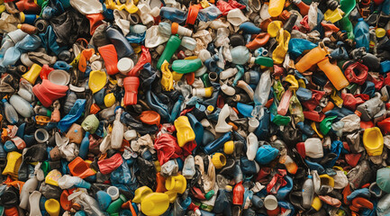 Various bottles and plastic waste form a big, messy pile. Pollution hazard, recycling problem, global environment warning, landfill issue.