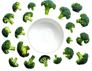 Fresh broccoli florets arranged around a blank white bowl