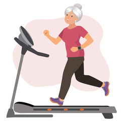 Elderly woman Running on the Treadmill Vector Cartoon Illustration. Grandma doing physiotherapy recovery gymnastics leg exercise. illustration