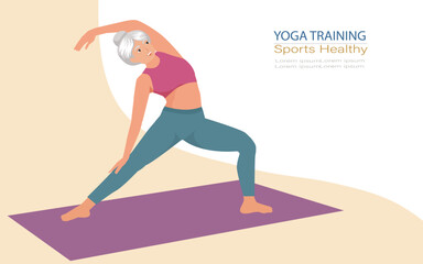 Attractive senior woman doing sport at home. Fitness yoga training . Healthy lifestyle concept. vector, illustration