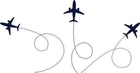 Three airplane silhouettes with dotted looping flight paths in different directions. Minimal vector design symbolizing travel, aviation, and air routes. Clean and modern graphic.