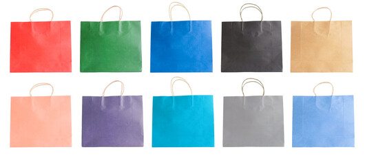 Set collection or collage of colorful paper shopping bag isolated on transparent background