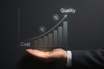 Business hand holding glowing cost quality graph with rising bar chart and percentage growth indicators
