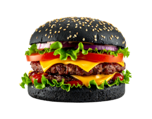 Black sesame bun burger with two patties, cheese, and toppings