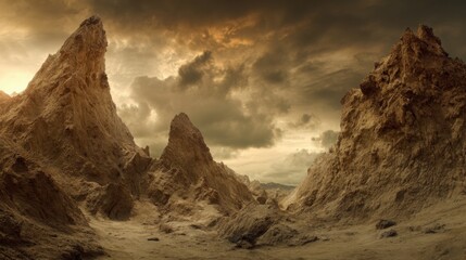 Naklejka premium plateau. Dramatic desert canyon with striking rock formations under a warm sunset sky. inspiring travel planning, travel magazines, designed for outdoor magazines and nature guides.